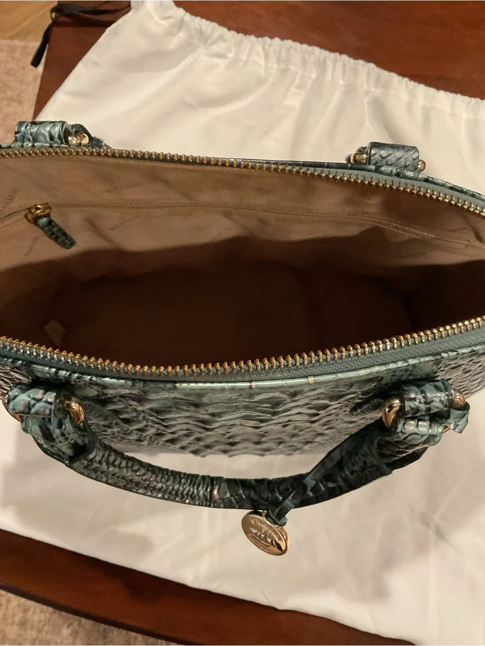 Brahmin Duxbury Teal Croc-Embossed Leather Satchel with Detachable Strap